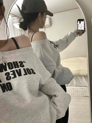 French Typography Mirroring Drop Shoulder Crop Sweatshirt
