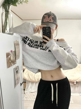 French Typography Mirroring Drop Shoulder Crop Sweatshirt