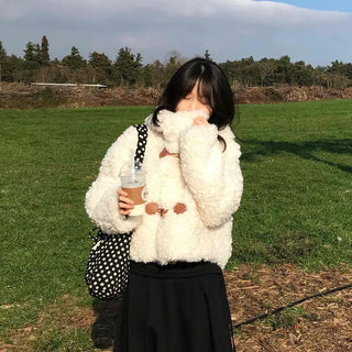 Fluffy Round Neck Gold Button Crop Fleece Jacket