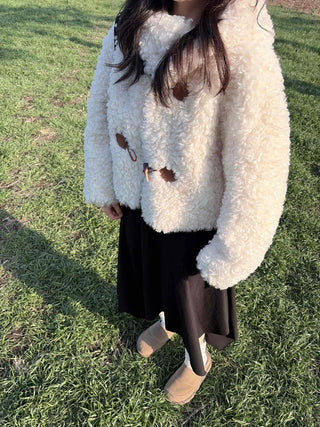 Fluffy Round Neck Gold Button Crop Fleece Jacket