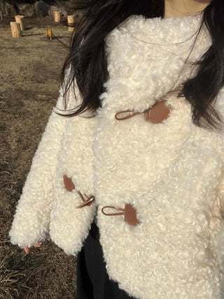 Fluffy Round Neck Gold Button Crop Fleece Jacket