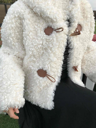 Fluffy Round Neck Gold Button Crop Fleece Jacket