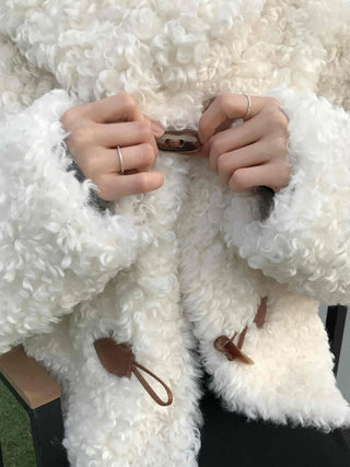 Fluffy Round Neck Gold Button Crop Fleece Jacket