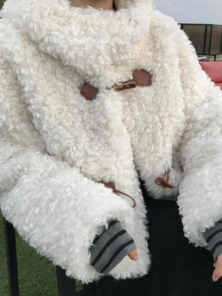 Fluffy Round Neck Gold Button Crop Fleece Jacket