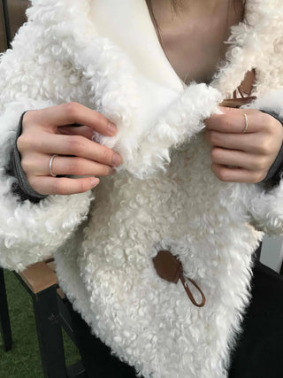 Fluffy Round Neck Gold Button Crop Fleece Jacket