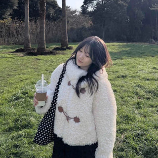 Fluffy Round Neck Gold Button Crop Fleece Jacket