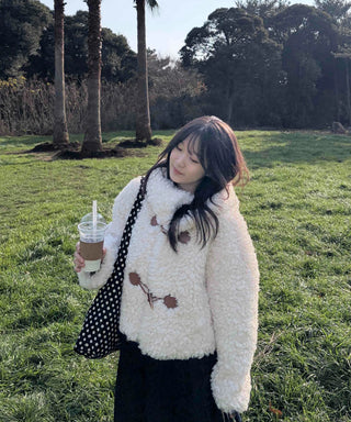 Fluffy Round Neck Gold Button Crop Fleece Jacket