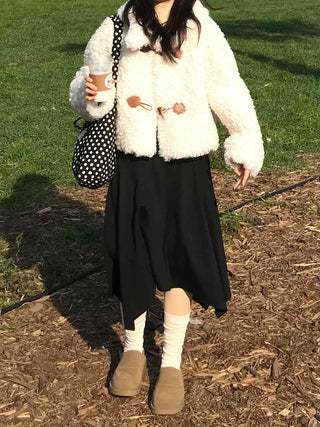 Fluffy Round Neck Gold Button Crop Fleece Jacket