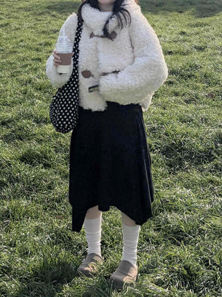 Fluffy Round Neck Gold Button Crop Fleece Jacket