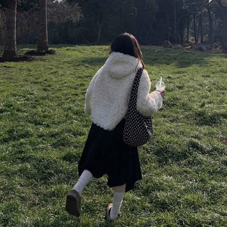 Fluffy Round Neck Gold Button Crop Fleece Jacket