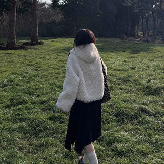 Fluffy Round Neck Gold Button Crop Fleece Jacket