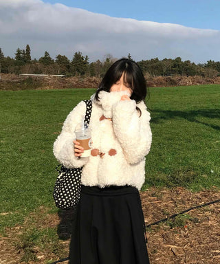 Fluffy Round Neck Gold Button Crop Fleece Jacket