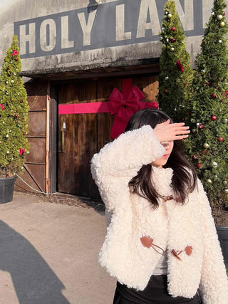 Fluffy Round Neck Gold Button Crop Fleece Jacket