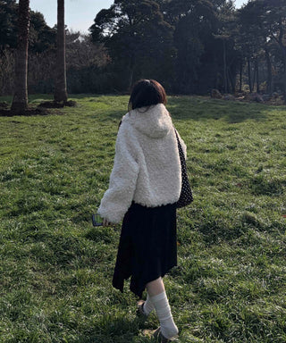 Fluffy Round Neck Gold Button Crop Fleece Jacket