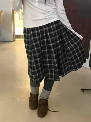 Plaid Banding Flare Midi Skirt