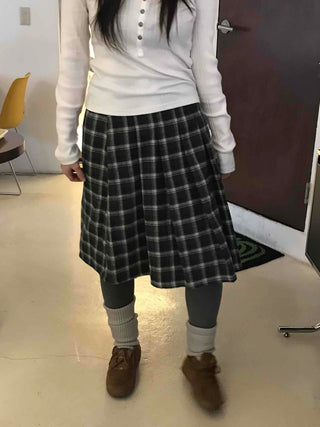 Plaid Banding Flare Midi Skirt