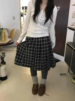 Plaid Banding Flare Midi Skirt