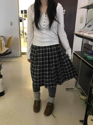 Plaid Banding Flare Midi Skirt