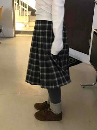 Plaid Banding Flare Midi Skirt