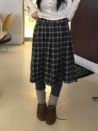 Plaid Banding Flare Midi Skirt