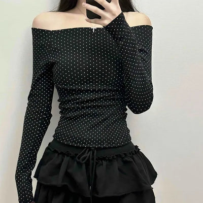 Dot Off-Shoulder Shirred Slim Fit Long Sleeve Tee