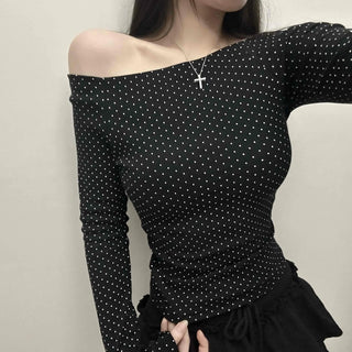 Dot Off-Shoulder Shirred Slim Fit Long Sleeve Tee