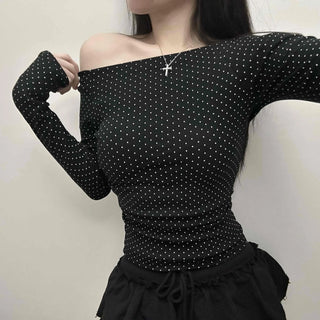 Dot Off-Shoulder Shirred Slim Fit Long Sleeve Tee