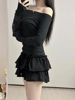 Dot Off-Shoulder Shirred Slim Fit Long Sleeve Tee
