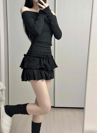 Dot Off-Shoulder Shirred Slim Fit Long Sleeve Tee