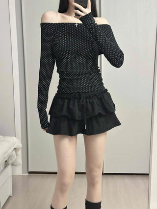 Dot Off-Shoulder Shirred Slim Fit Long Sleeve Tee