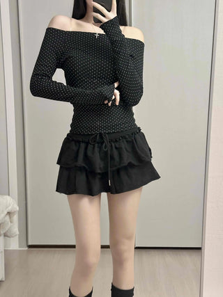 Dot Off-Shoulder Shirred Slim Fit Long Sleeve Tee