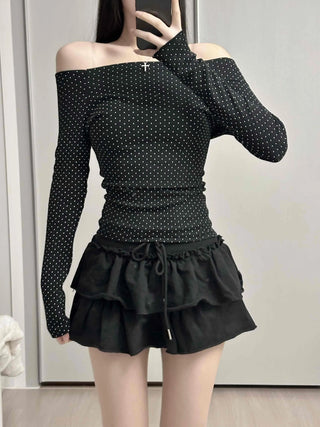 Dot Off-Shoulder Shirred Slim Fit Long Sleeve Tee
