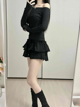 Dot Off-Shoulder Shirred Slim Fit Long Sleeve Tee