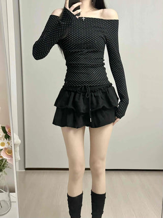 Dot Off-Shoulder Shirred Slim Fit Long Sleeve Tee