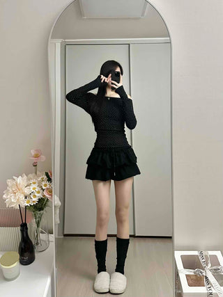 Dot Off-Shoulder Shirred Slim Fit Long Sleeve Tee