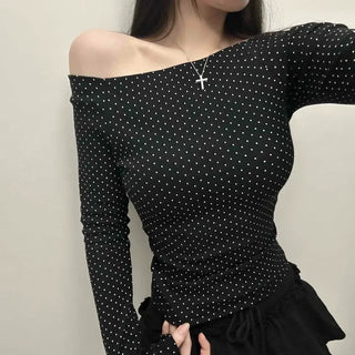 Dot Off-Shoulder Shirred Slim Fit Long Sleeve Tee