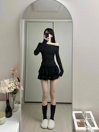 Dot Off-Shoulder Shirred Slim Fit Long Sleeve Tee
