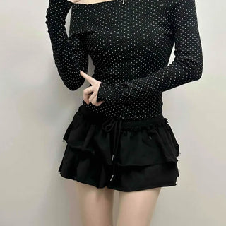 Dot Off-Shoulder Shirred Slim Fit Long Sleeve Tee