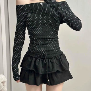 Dot Off-Shoulder Shirred Slim Fit Long Sleeve Tee