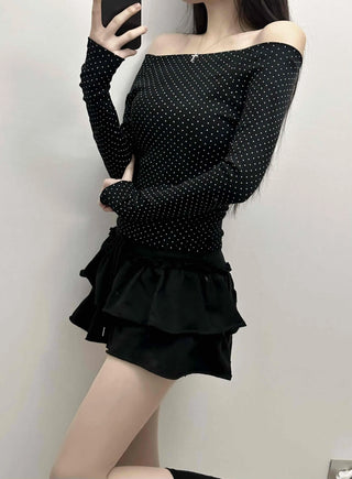 Dot Off-Shoulder Shirred Slim Fit Long Sleeve Tee