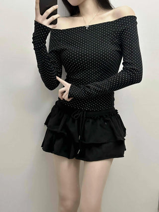 Dot Off-Shoulder Shirred Slim Fit Long Sleeve Tee