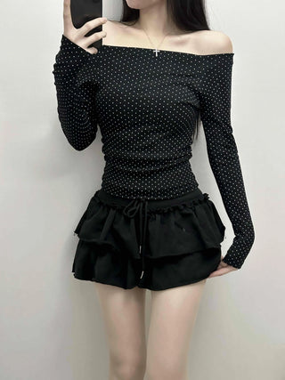Dot Off-Shoulder Shirred Slim Fit Long Sleeve Tee