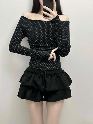 Dot Off-Shoulder Shirred Slim Fit Long Sleeve Tee