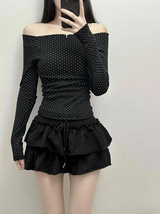 Dot Off-Shoulder Shirred Slim Fit Long Sleeve Tee