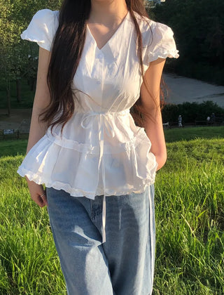 Roca Frill Ribbon Puff Blouse