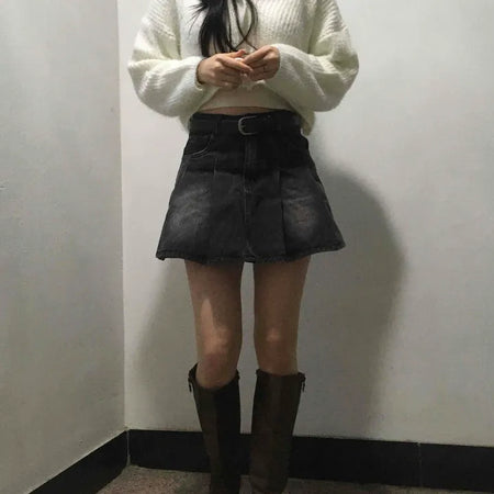 Vintage A-line Pleated Denim Mini Skirt