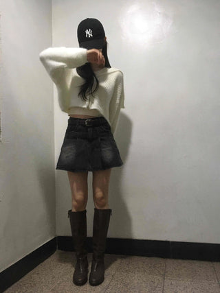 Vintage A-line Pleated Denim Mini Skirt