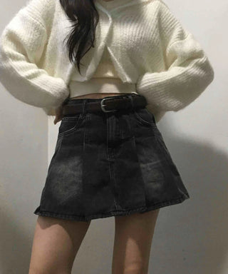 Vintage A-line Pleated Denim Mini Skirt