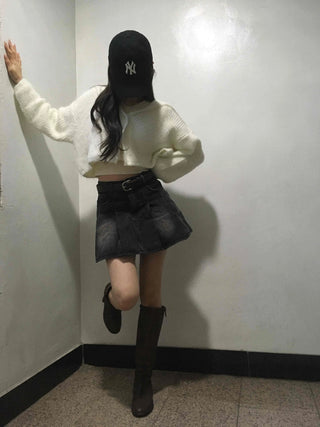 Vintage A-line Pleated Denim Mini Skirt