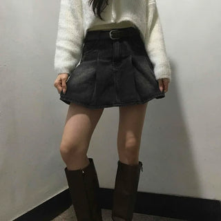Vintage A-line Pleated Denim Mini Skirt
